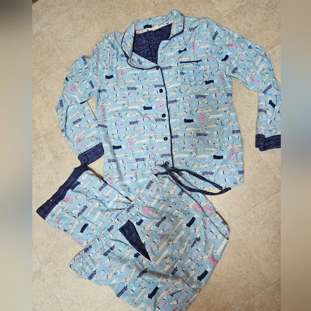 Munki Munki XXL Flannel Pajama Set Blue Dachshund Dog Print Button Up Fleece